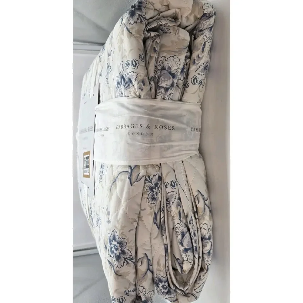 Cabbages & Roses KING Quilt India Rose Grey Blue White Floral Embroidered Cottag